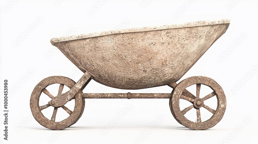Yellow toy dump truck with white sand on white background