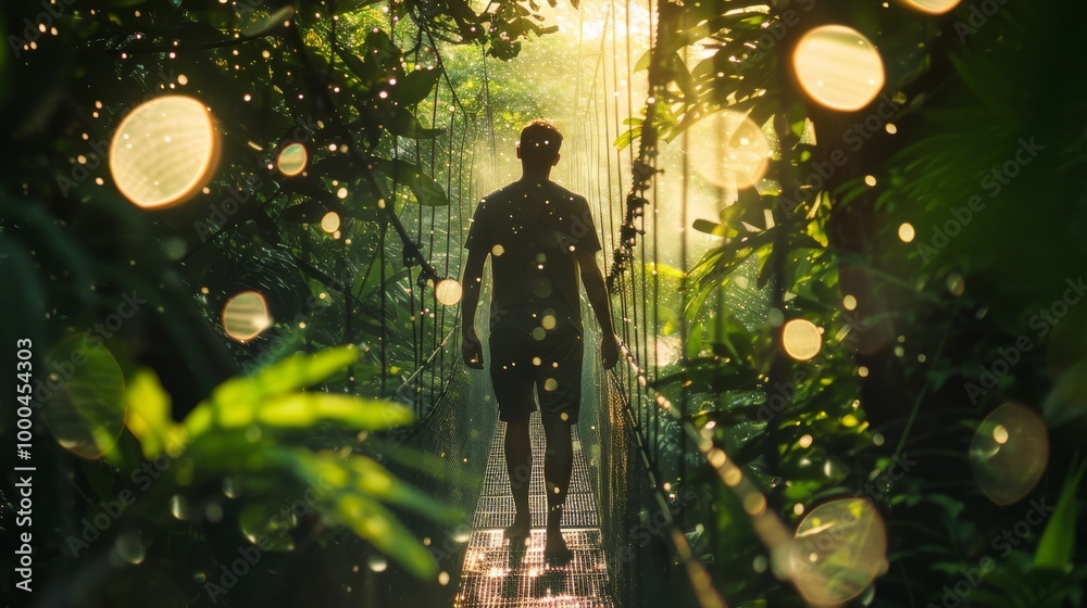 Obraz premium A man walks across a suspension bridge surrounded by dense forest, with sunlight streaming through the mist, creating a magical and serene atmosphere. Perfect for nature and adventure themes.