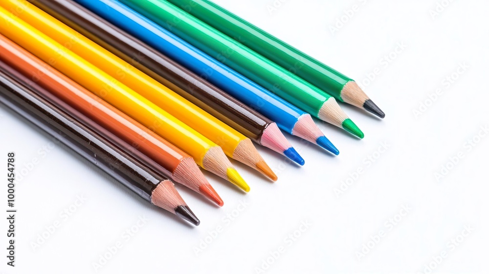 Fototapeta premium Colorful crayons arranged in a border on white background