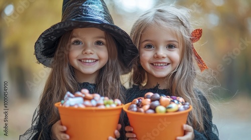 Smiling Children in Witch Hats with Candy Buckets Celebrating Halloween Outdoors