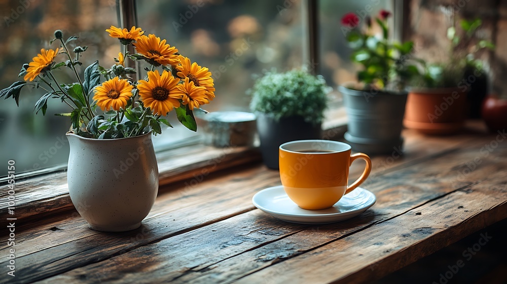 A cup of coffee and flowers on a rustic window sill, creating a cozy and relaxing atmosphere A cup of coffee and flowers on a rustic window sill, creating a cozy and relaxing atmosphere