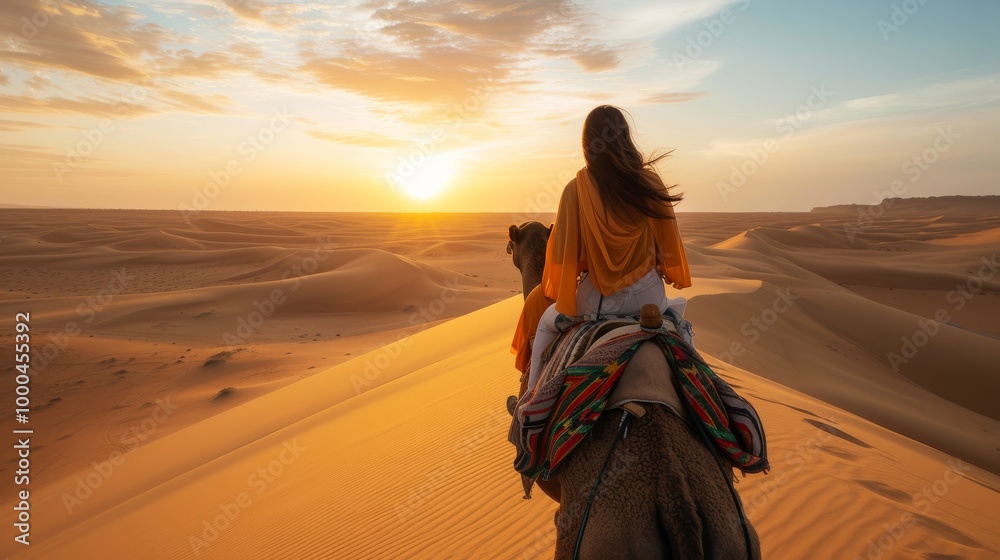A woman rides a camel through an expansive desert at sunset, her orange shawl blowing in the wind. The scene evokes a sense of adventure and tranquility in the vast dunes.