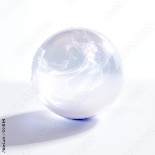 A glowing, ethereal ghost orb, isolated on a clean white background, emitting a soft light and mist photo