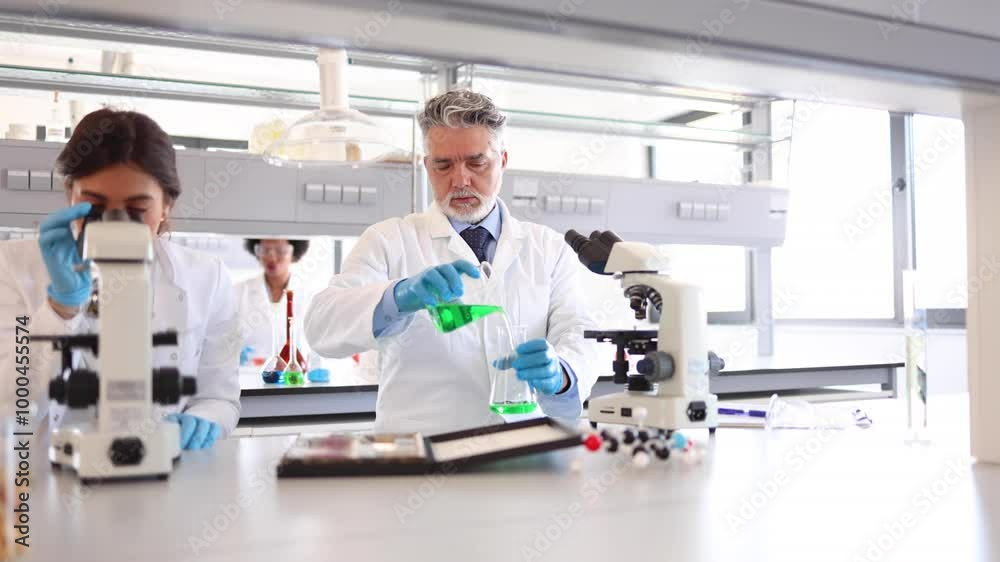 Mature doctor working at the lab and examining some samples on the microscope Mature doctor working at the lab and examining some samples on the microscope