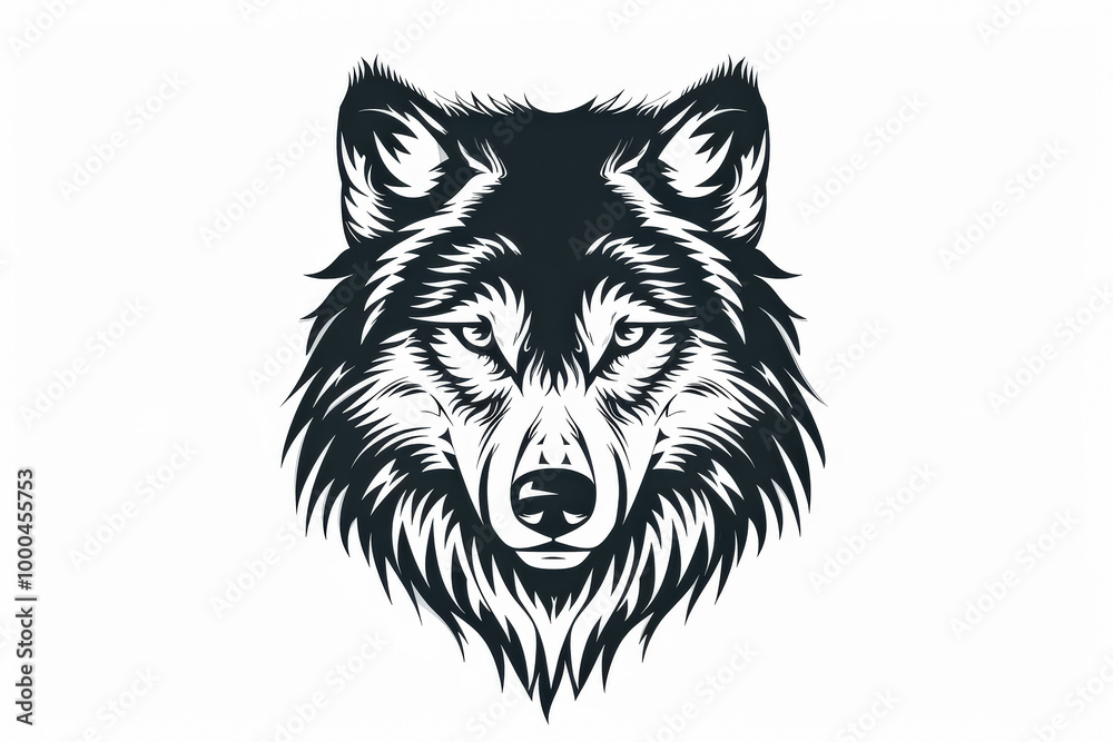 Fototapeta premium Wolf's head with a fierce expression. The wolf's fur is black and white. The wolf's eyes are open and staring