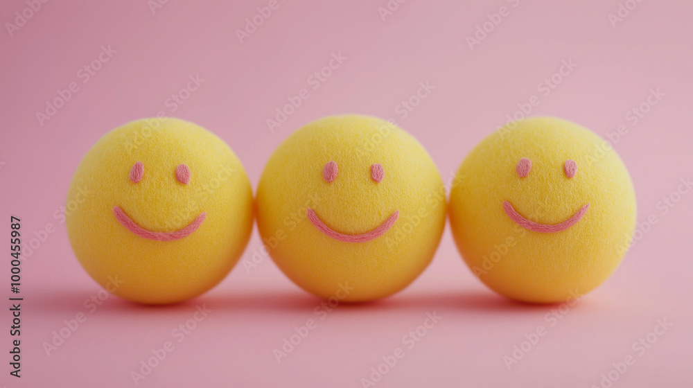 emotional, mood, satisfaction concept: three yellow balls with calm, satisfied smiles arranged in a perfectly balanced, symmetrical pattern against an isolated soft pink background emotional, mood, satisfaction concept: three yellow balls with calm, satisfied smiles arranged in a perfectly balanced, symmetrical pattern against an isolated soft pink background