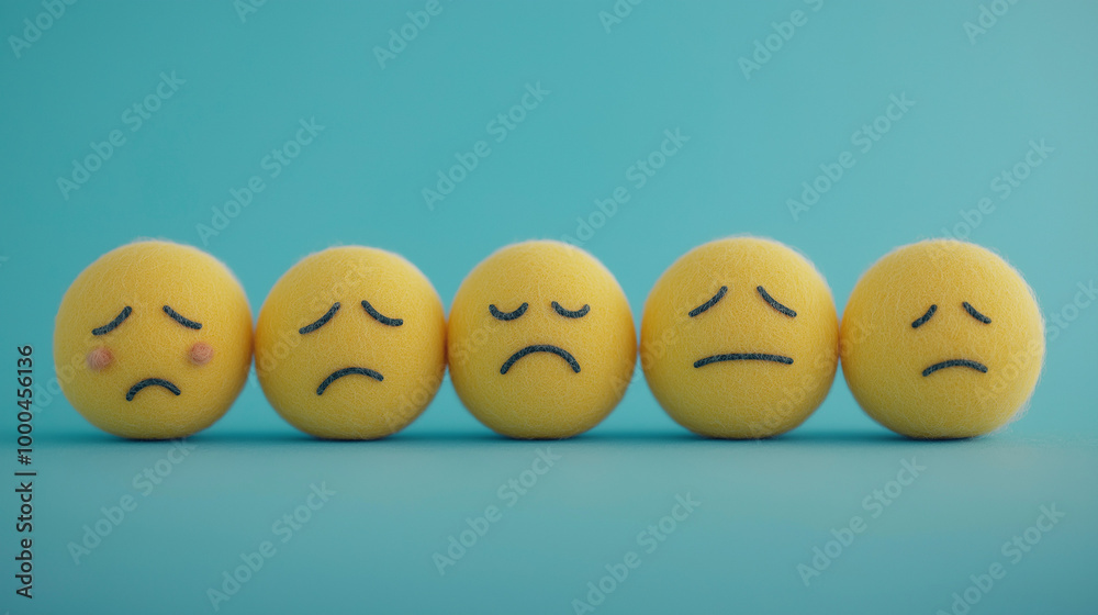 emotional, mood, sadness concept: yellow balls with various sad expressions: one with tears streaming down, another with a downturned face, a third with watery eyes but a faint smile emotional, mood, sadness concept: yellow balls with various sad expressions: one with tears streaming down, another with a downturned face, a third with watery eyes but a faint smile