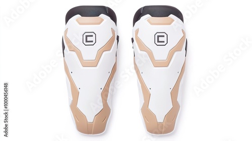 A pair of sports shin guards on solid white background, single object photo