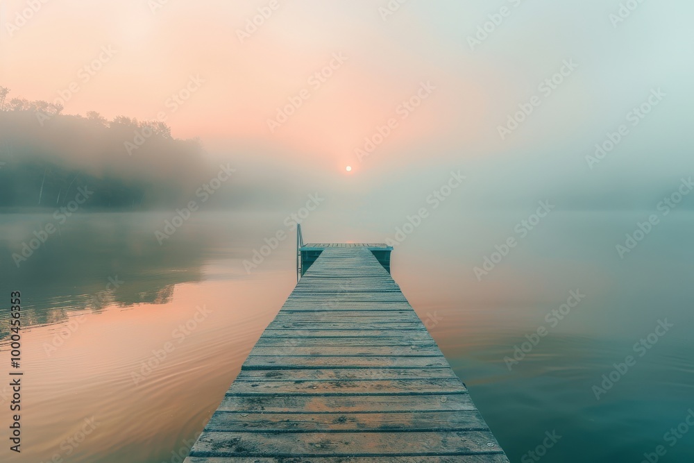 A foggy lake with a wooden pier and a dock, generative ai image A foggy lake with a wooden pier and a dock, generative ai image