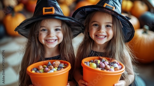 Smiling Children in Witch Hats with Candy Buckets Celebrating Halloween Outdoors