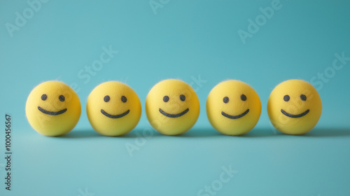 emotional, mood, positive emotions concept: yellow balls with beaming smiles and twinkling eyes, exuding joy and happiness arranged in a cheerful