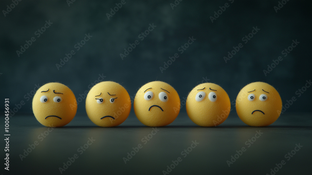 emotional, mood, melancholy concept: yellow balls with various melancholic expressions: one with vacant eyes, another looking down, a third with a pensive expression emotional, mood, melancholy concept: yellow balls with various melancholic expressions: one with vacant eyes, another looking down, a third with a pensive expression