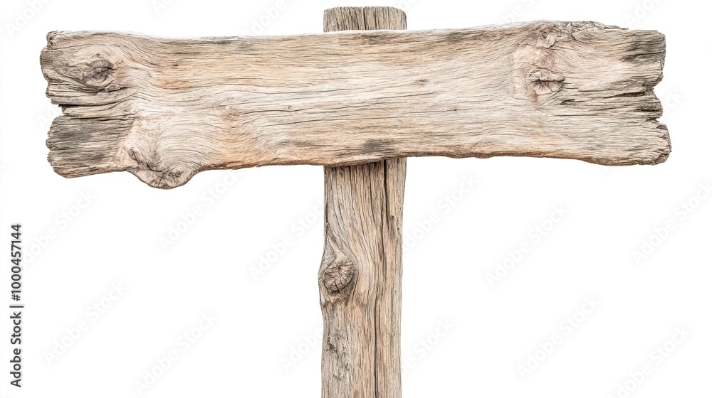 Rustic wooden signpost isolated on white background.