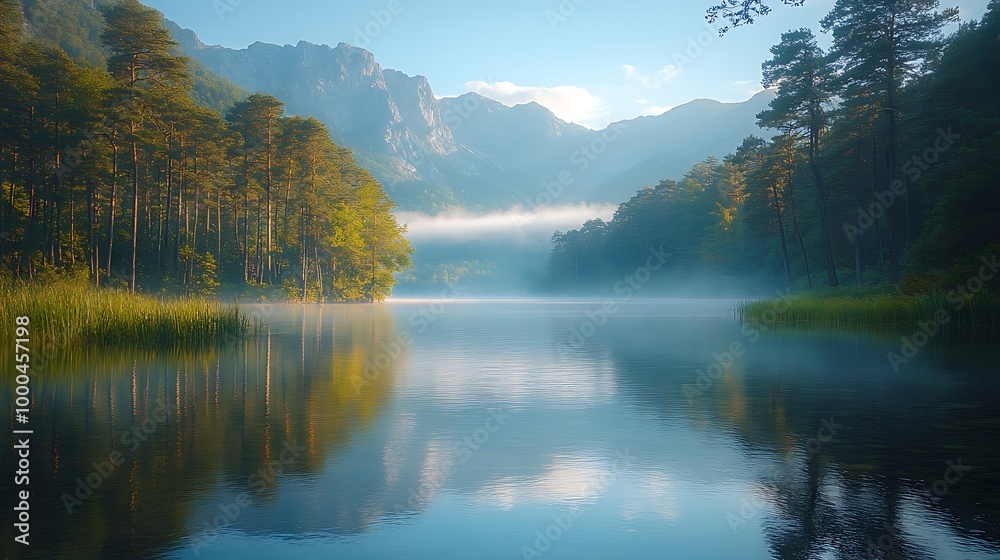 Fototapeta premium Tranquil morning mist over serene lake in the mountains