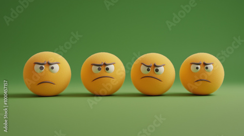 emotional, mood, jealousy concept: yellow balls with various envious expressions: one with squinting eyes and a mischievous smile, another with a smirk, a third with one eyebrow raised