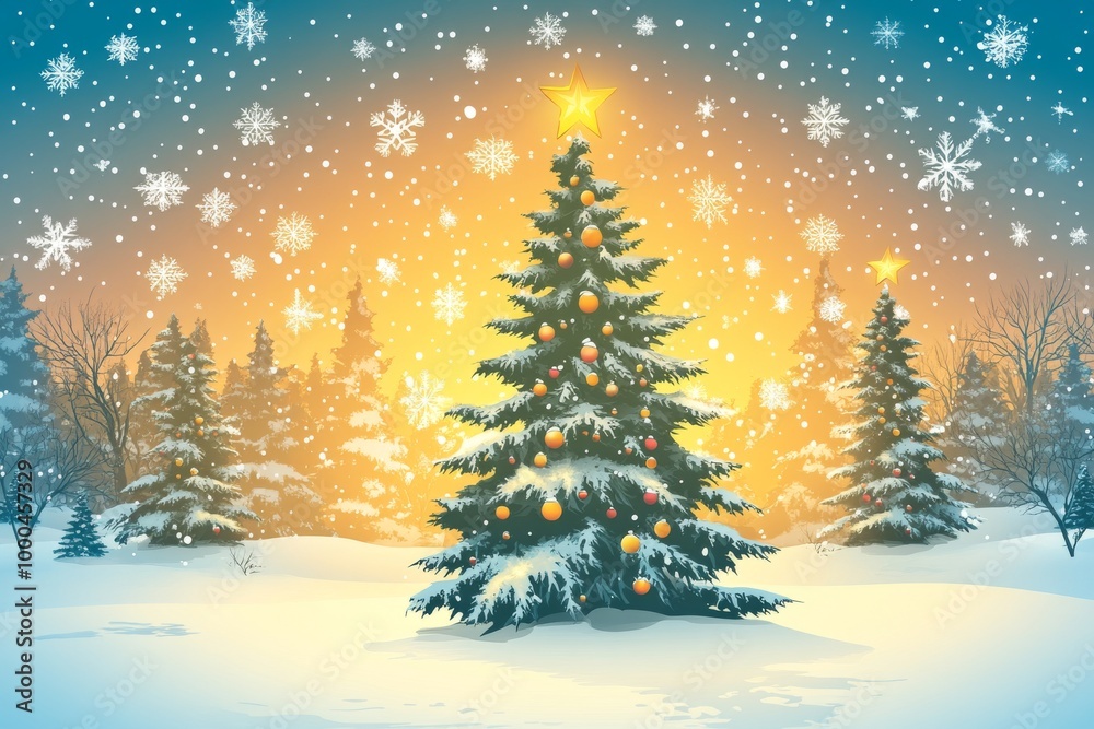 Majestic Christmas tree standing in a snowy clearing with glowing lights and snowflakes gently falling creating a magical and serene winter wonderland Majestic Christmas tree standing in a snowy clearing with glowing lights and snowflakes gently falling creating a magical and serene winter wonderland