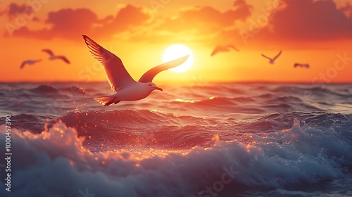 Wallpaper Mural Seagull Flying Towards The Sun At Sunset With Waves Torontodigital.ca
