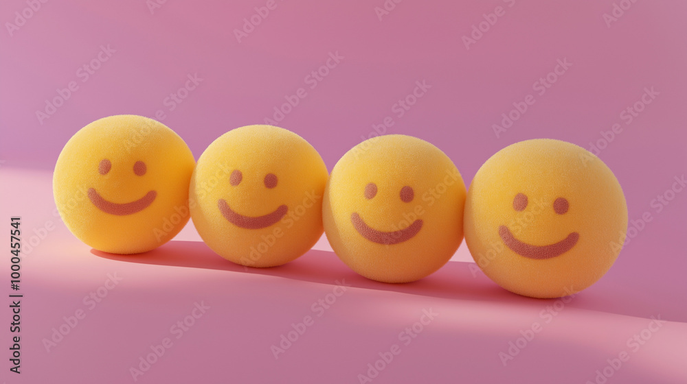 emotional, mood, fiero concept: three yellow balls with wide, confident smiles and shining, proud eyes arranged in an upright, slightly distanced pattern against an isolated soft pink background emotional, mood, fiero concept: three yellow balls with wide, confident smiles and shining, proud eyes arranged in an upright, slightly distanced pattern against an isolated soft pink background