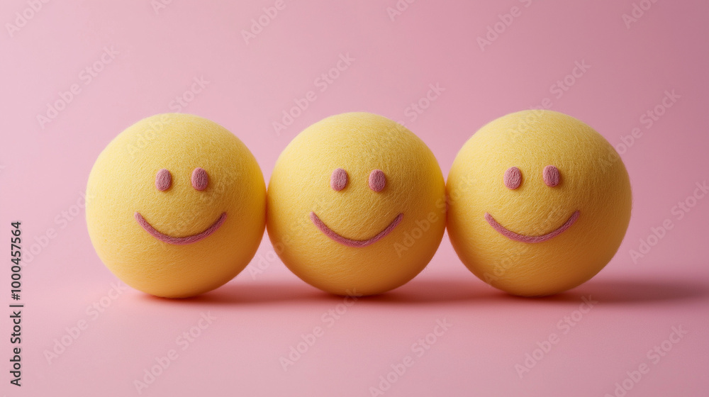 emotional, mood, fiero concept: three yellow balls with wide, confident smiles and shining, proud eyes arranged in an upright, slightly distanced pattern against an isolated soft pink background emotional, mood, fiero concept: three yellow balls with wide, confident smiles and shining, proud eyes arranged in an upright, slightly distanced pattern against an isolated soft pink background