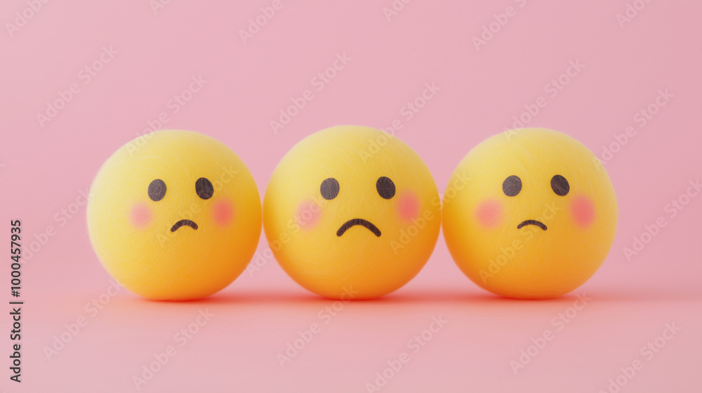 emotional, mood, embarrassment concept: three yellow balls with flushed cheeks and shy, awkward expressions arranged in a hesitant, slightly distanced pattern against an isolated soft pink background emotional, mood, embarrassment concept: three yellow balls with flushed cheeks and shy, awkward expressions arranged in a hesitant, slightly distanced pattern against an isolated soft pink background