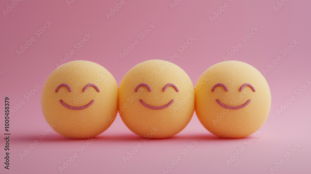 emotional, mood, bliss concept: three yellow balls with closed eyes and wide, serene smiles arranged in a harmonious, balanced pattern against an isolated soft pink background emotional, mood, bliss concept: three yellow balls with closed eyes and wide, serene smiles arranged in a harmonious, balanced pattern against an isolated soft pink background