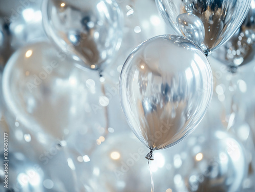 Palloncini color argento per una festa con luci sfocate dietro, party di compleanno e anniversario