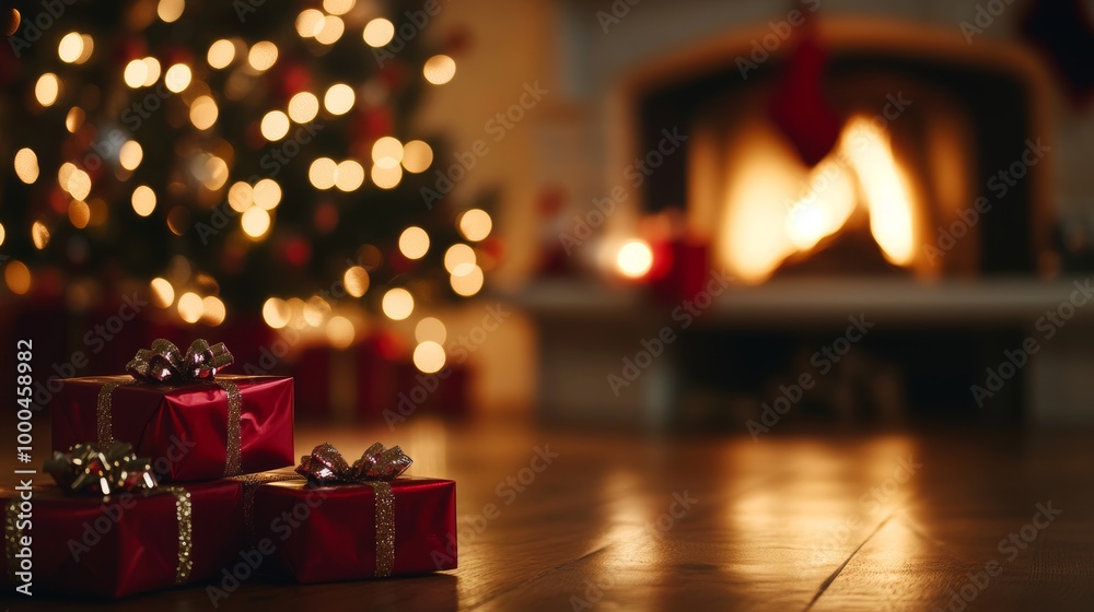 A cozy Christmas night with glowing tree lights, warm fireplace, and festive red gift boxes waiting to be opened A cozy Christmas night with glowing tree lights, warm fireplace, and festive red gift boxes waiting to be opened