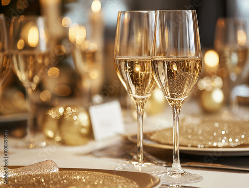 Dettaglio di bicchieri di vino con champagne in una tavola imbandita durante un party a tema color oro con piatti, posate e luci di sfondo