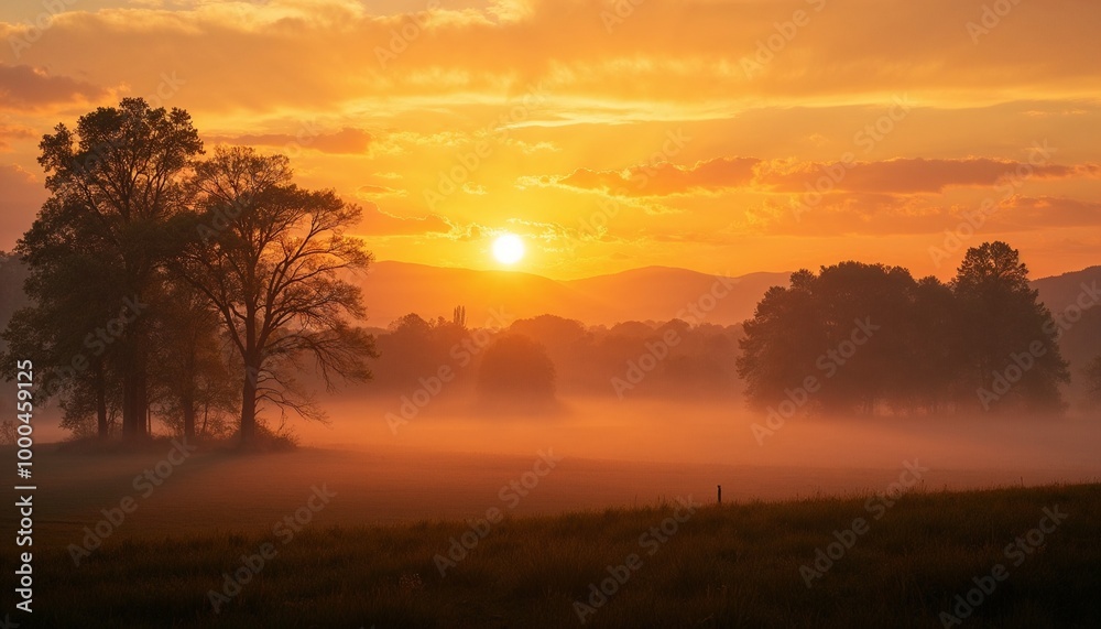 Fototapeta premium Breathtaking sunrise over misty landscape with silhouettes of trees and mountains in the background