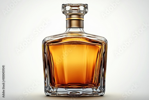 Vintage whiskey bottle with a cork stopper filled with a rich amber liquid set on a sleek black background symbolizing tradition craftsmanship and premium quality photo