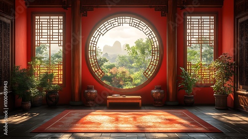 Red Chinese traditional room interior with circular window,  plants, and wooden bench