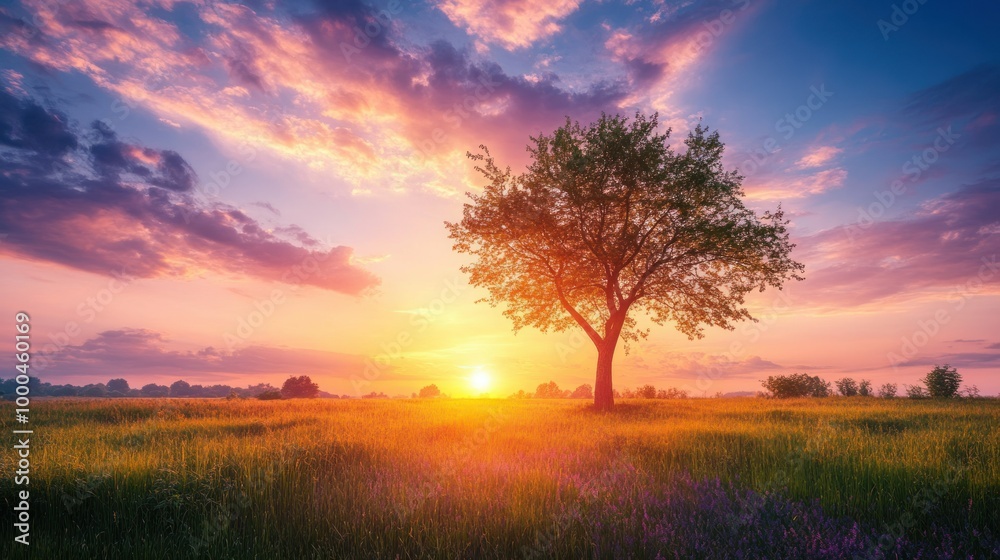 Solitary Tree Silhouetted Against a Vibrant Sunset Sky Over a Field of Grass and Purple Flowers Solitary Tree Silhouetted Against a Vibrant Sunset Sky Over a Field of Grass and Purple Flowers