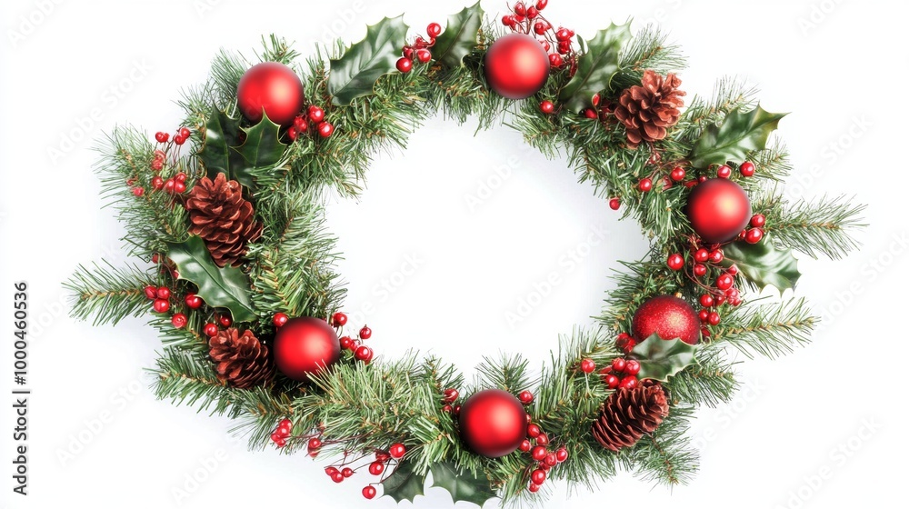 Festive Christmas wreath adorned with pine branches, red ornaments, and holly berries, ready to bring holiday cheer Festive Christmas wreath adorned with pine branches, red ornaments, and holly berries, ready to bring holiday cheer