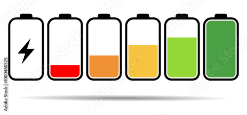 Battery colorful icons. Battery charge level indicators. Phone Battery life icon. Charging energy icons. Collection of battery power