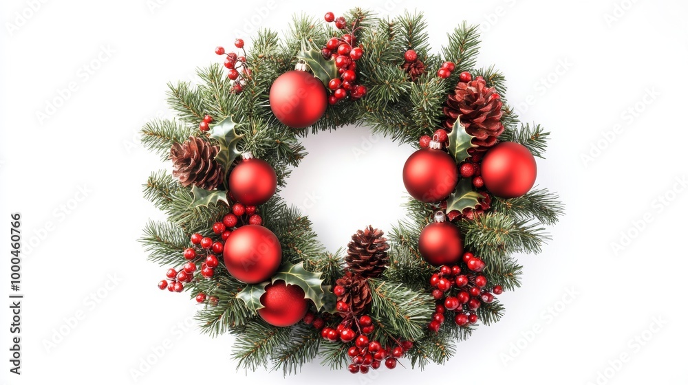 Decorative Christmas wreath featuring pine branches, red ornaments, and holly berries, perfect for holiday festivities Decorative Christmas wreath featuring pine branches, red ornaments, and holly berries, perfect for holiday festivities