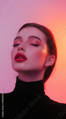 peach light on face of woman with half closed eyes and makeup dramatic cateye eyeshadow pink orange background lipstick makeup brand marketing social media post fashion beauty photography studio