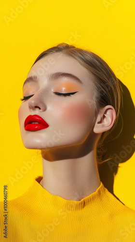closeup of woman with closed eyes and makeup dramatic cateye eyeshadow yellow background red lipstick makeup brand marketing social media post fashion beauty