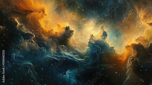 Cosmic Clouds of Golden and Teal Hues Intertwining Amongst a Starry Sky