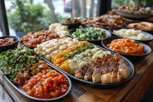 Variety of culinary delights. Teasty food in a salad bar at a restaurant. Selective focus