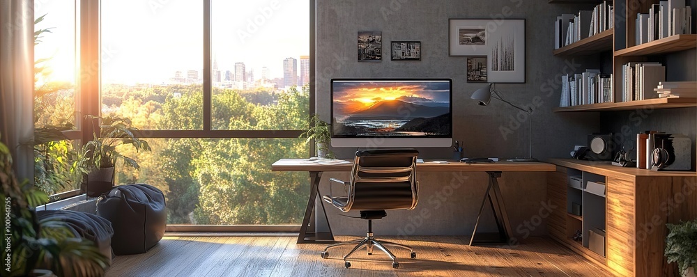 Stylish home office with a large window, modern desk, and scenic view, creating a bright and inspiring workspace. Stylish home office with a large window, modern desk, and scenic view, creating a bright and inspiring workspace.