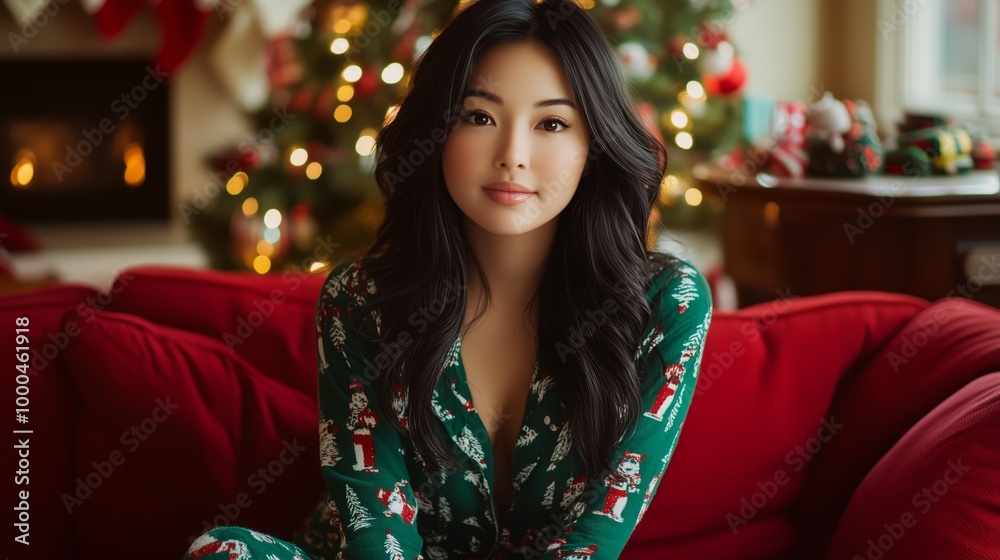 beautiful Asian woman in a fair isle Christmas themed pyjamas posing on a red couch, Christmas tree in the background beautiful Asian woman in a fair isle Christmas themed pyjamas posing on a red couch, Christmas tree in the background