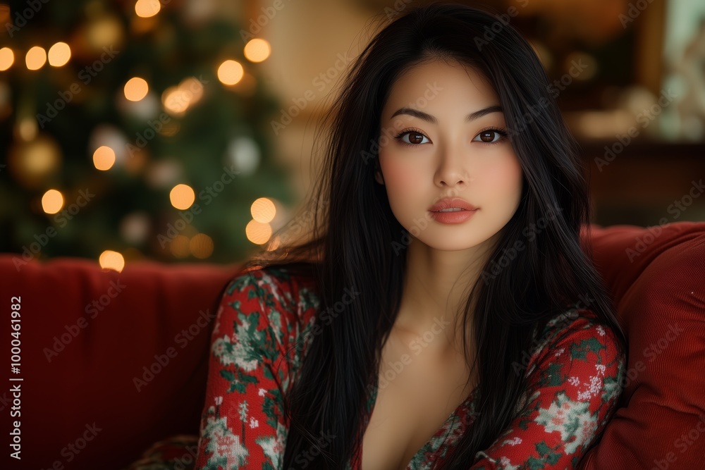 beautiful Asian woman in a fair isle Christmas themed pyjamas posing on a red couch, Christmas tree in the background beautiful Asian woman in a fair isle Christmas themed pyjamas posing on a red couch, Christmas tree in the background