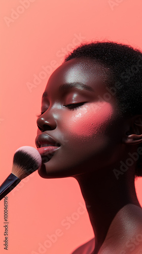 african woman applies makeup with powder brush peach background space for copy text cosmetics beauty social media post