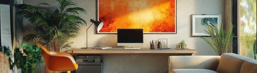Stylish home office interior featuring modern furniture, plants, and a vibrant abstract painting, perfect for creative inspiration. Stylish home office interior featuring modern furniture, plants, and a vibrant abstract painting, perfect for creative inspiration.