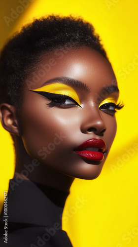 black woman with makeup yellow eyeshadow bright background red lipstick black turtleneck shadows make-up brand marketing social media post