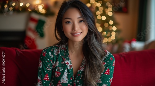 beautiful Asian woman in a fair isle Christmas themed pyjamas posing on a red couch, Christmas tree in the background