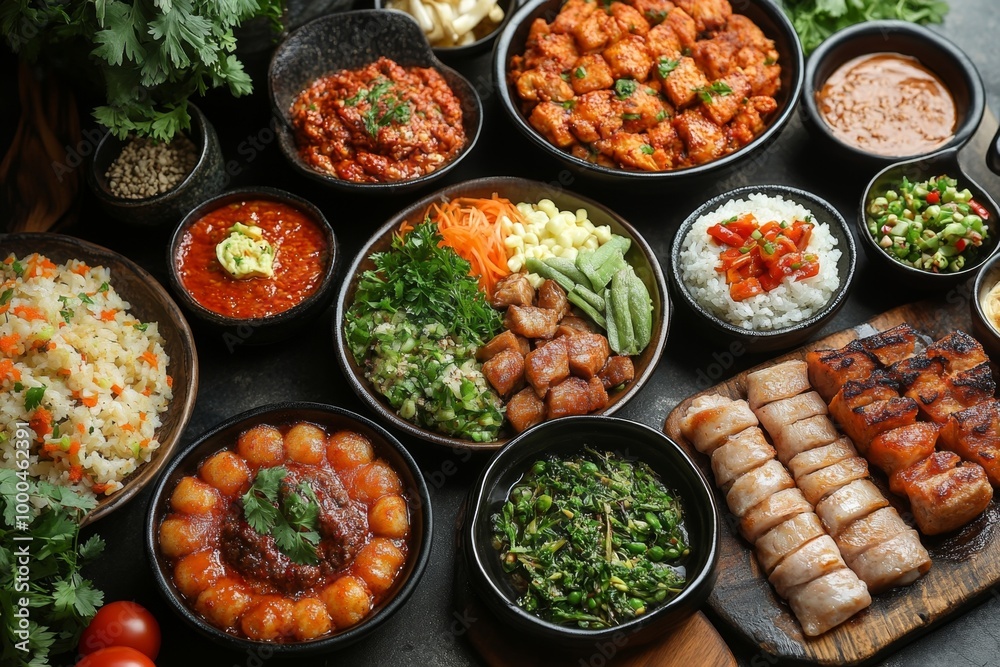 Variety of culinary delights. Teasty food in a salad bar at a restaurant. Selective focus