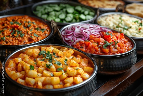 Variety of culinary delights. Teasty food in a salad bar at a restaurant. Selective focus