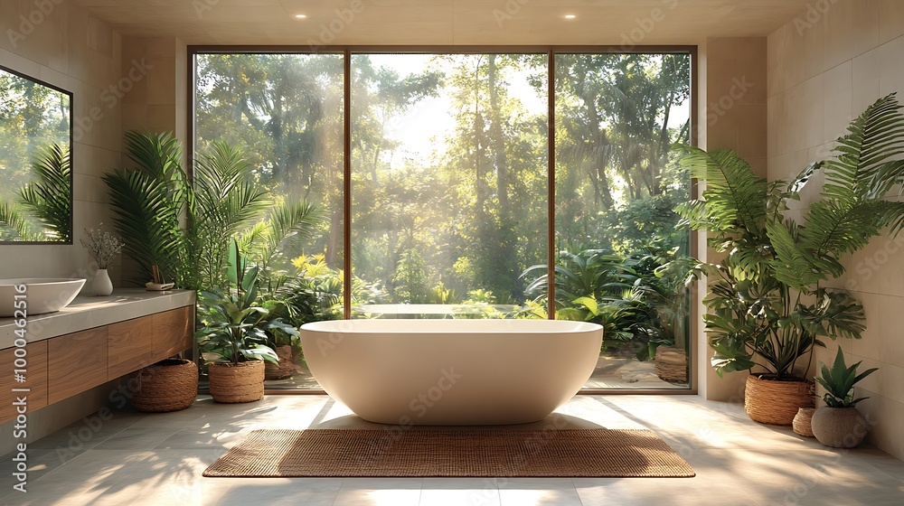 Modern bathroom interior with large window overlooking lush tropical garden. Luxurious bathroom design with freestanding bathtub. Modern bathroom interior with large window overlooking lush tropical garden. Luxurious bathroom design with freestanding bathtub.