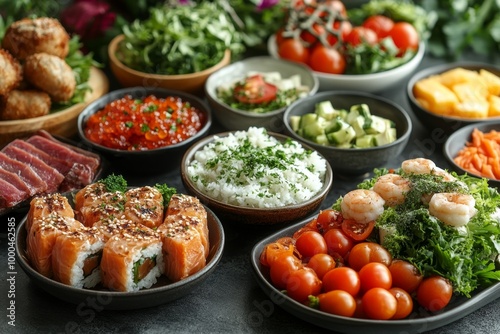 Variety of culinary delights. Teasty food in a salad bar at a restaurant. Selective focus